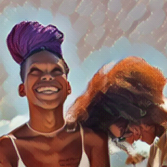 Two young people smiling; one with purple hair looking up, the other with curly hair rests forehead on the shoulder 